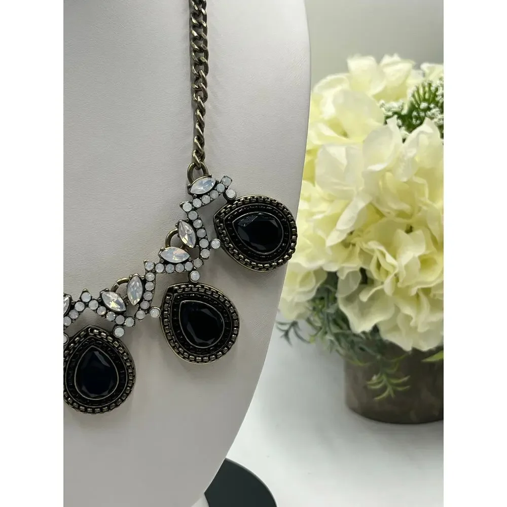 J. Crew Black‎ Rhinestone Teardrop Bead Gold Tone Chain Opalescent Necklace